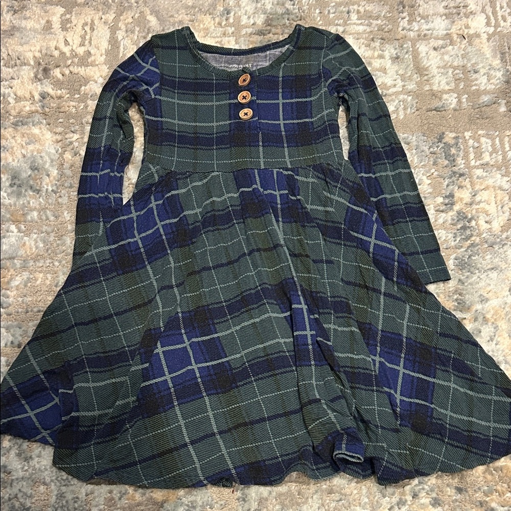 Girls Green and Navy Plaid Long-Sleeve Dress